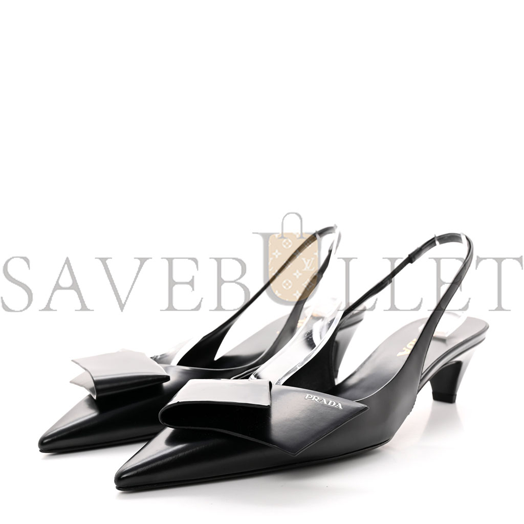 PRADA SPAZZOLATO LOGO POINTED TOE 45MM SLINGBACK PUMPS 40 BLACK