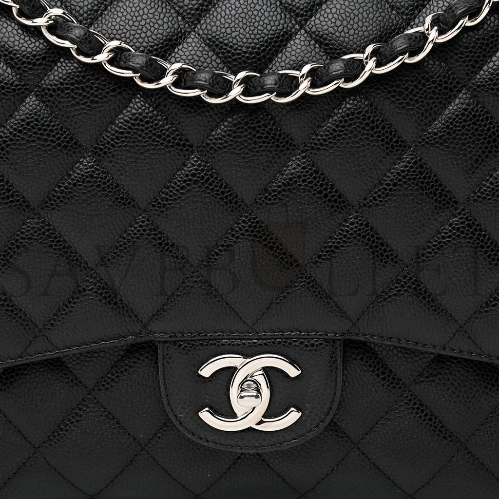 CHANEL CAVIAR QUILTED MAXI DOUBLE FLAP BLACK SILVER HARDWARE (33*24*9cm)