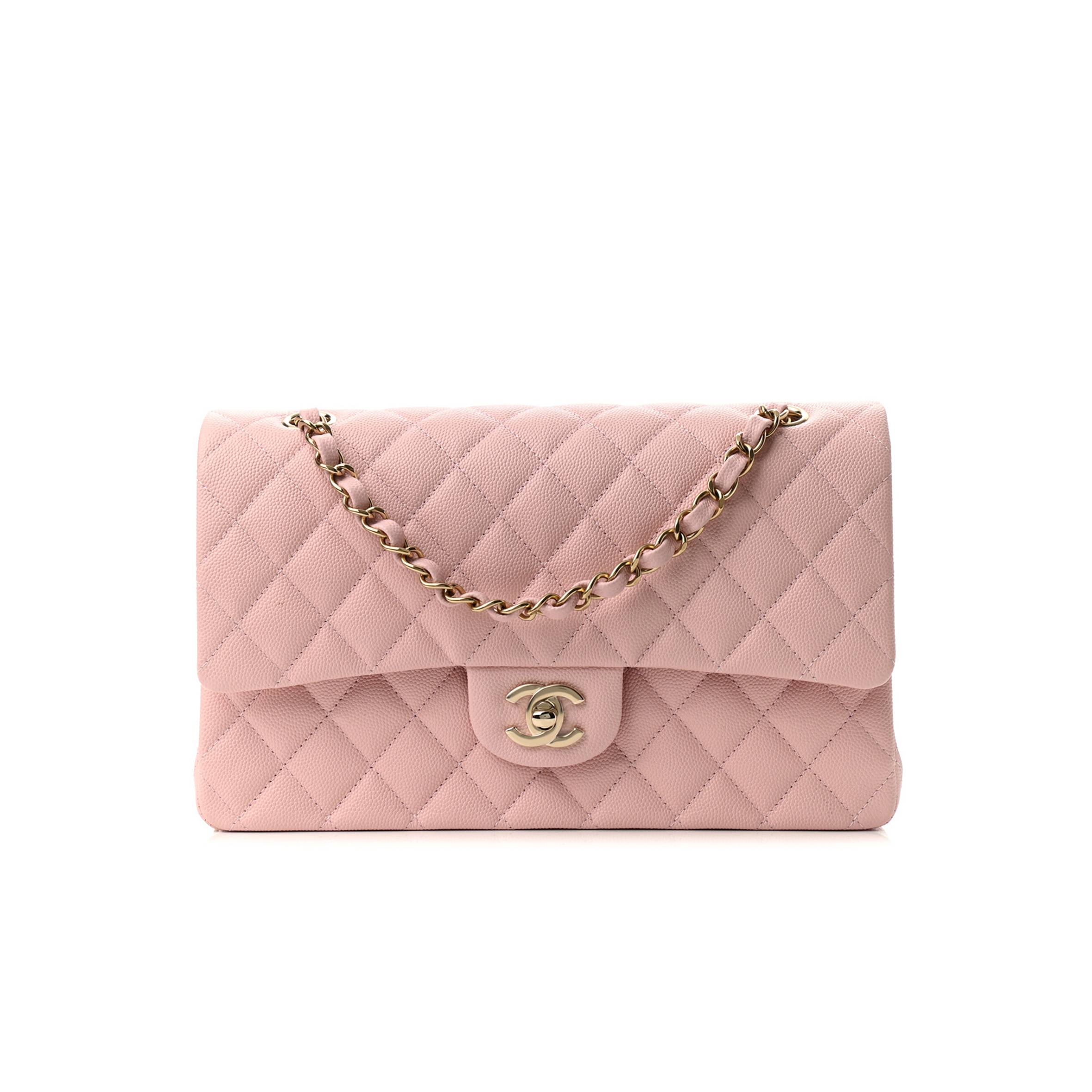 CHANEL CAVIAR QUILTED MEDIUM DOUBLE FLAP LIGHT PINK ROSE GOLD HARDWARE (25*15*6cm)