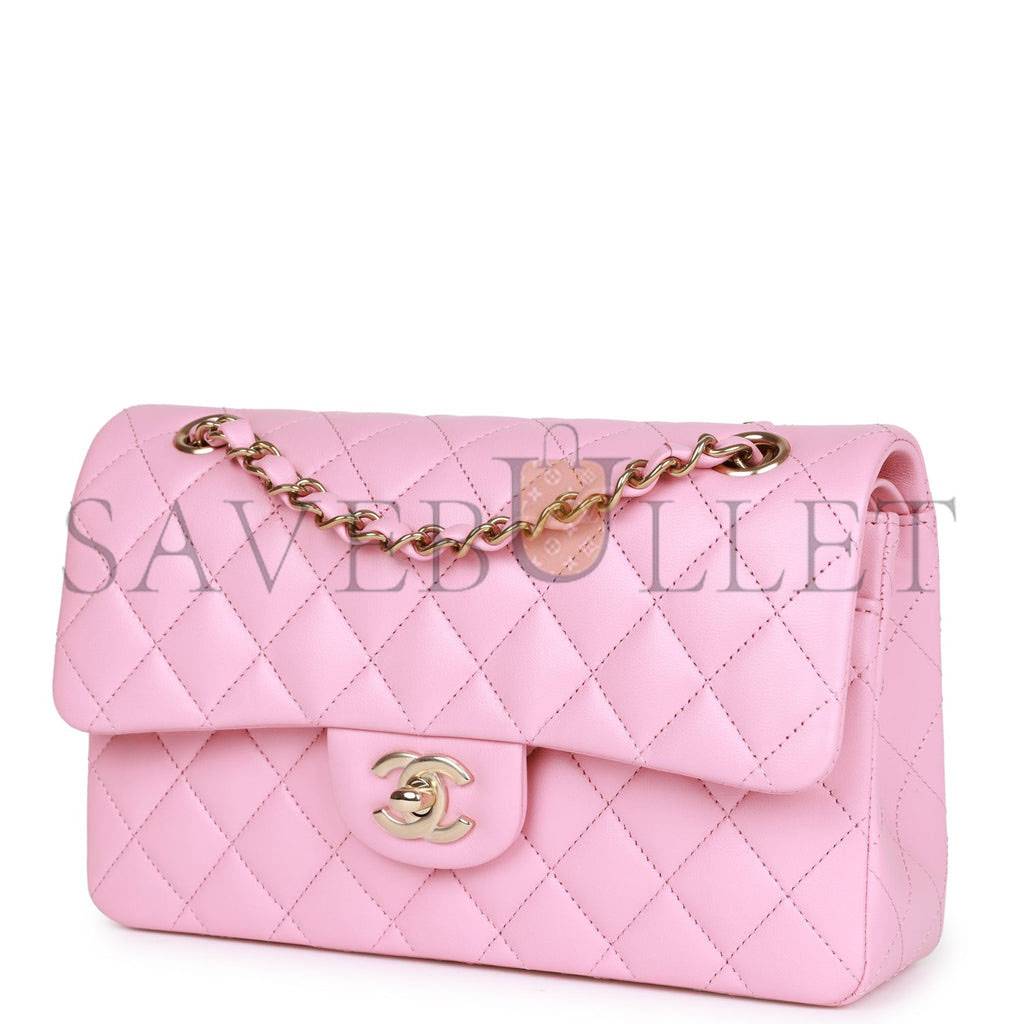 CHANEL SMALL CLASSIC DOUBLE FLAP PINK LAMBSKIN LIGHT GOLD HARDWARE (23*13*6cm) CHANEL SMALL CLASSIC DOUBLE FLAP PINK LAMBSKIN LIGHT GOLD HARDWARE (23*13*6cm)