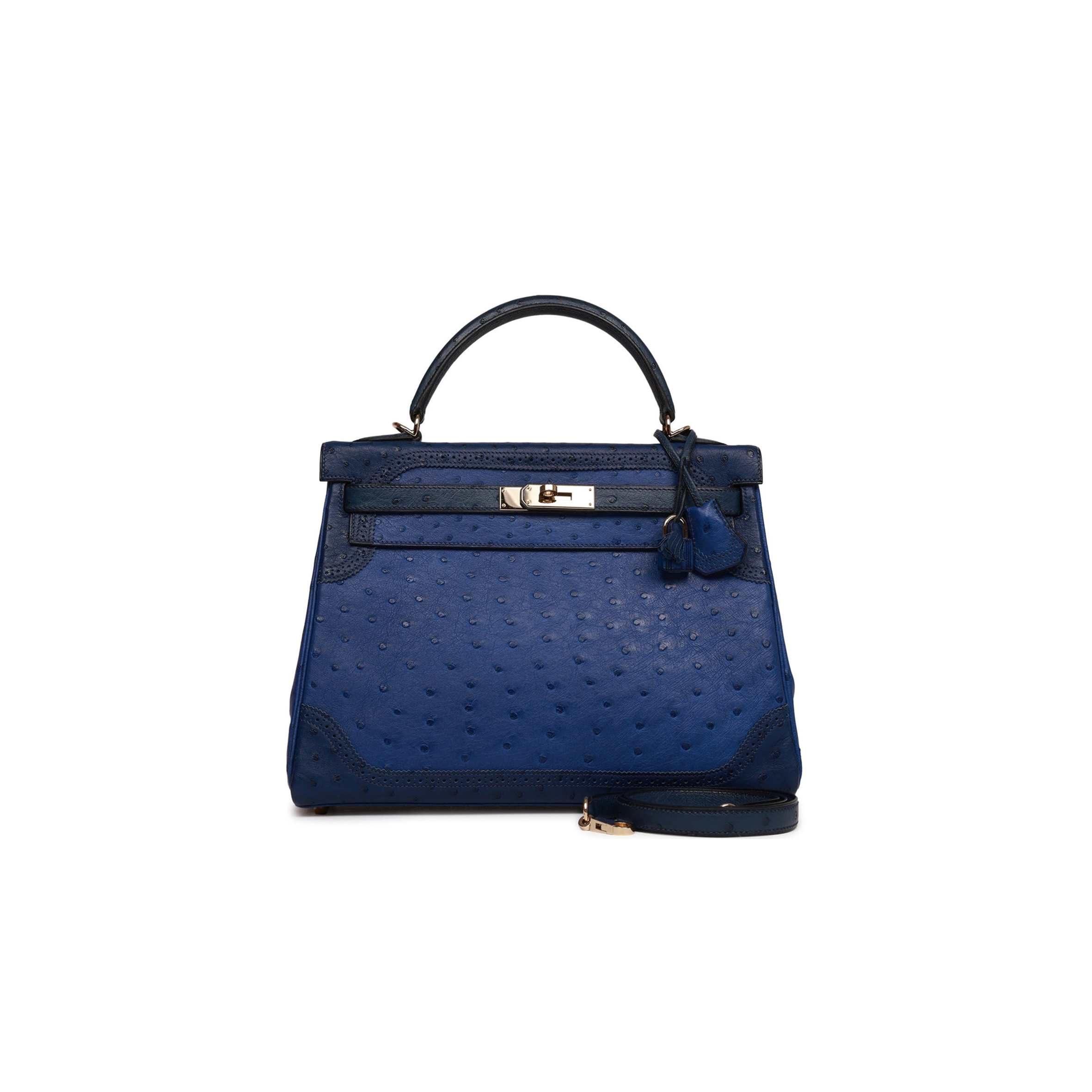 HERMES GHILLIES KELLY RETOURNE 32 BLEU SAPHIR, BLEU IRIS AND BLEU DE MALTE OSTRICH PERMABRASS HARDWARE (32cm)