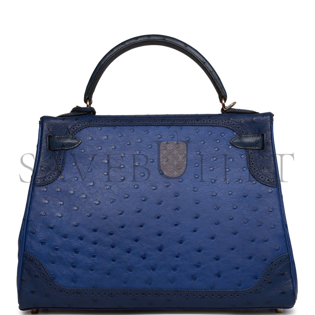 HERMES GHILLIES KELLY RETOURNE 32 BLEU SAPHIR, BLEU IRIS AND BLEU DE MALTE OSTRICH PERMABRASS HARDWARE (32cm)