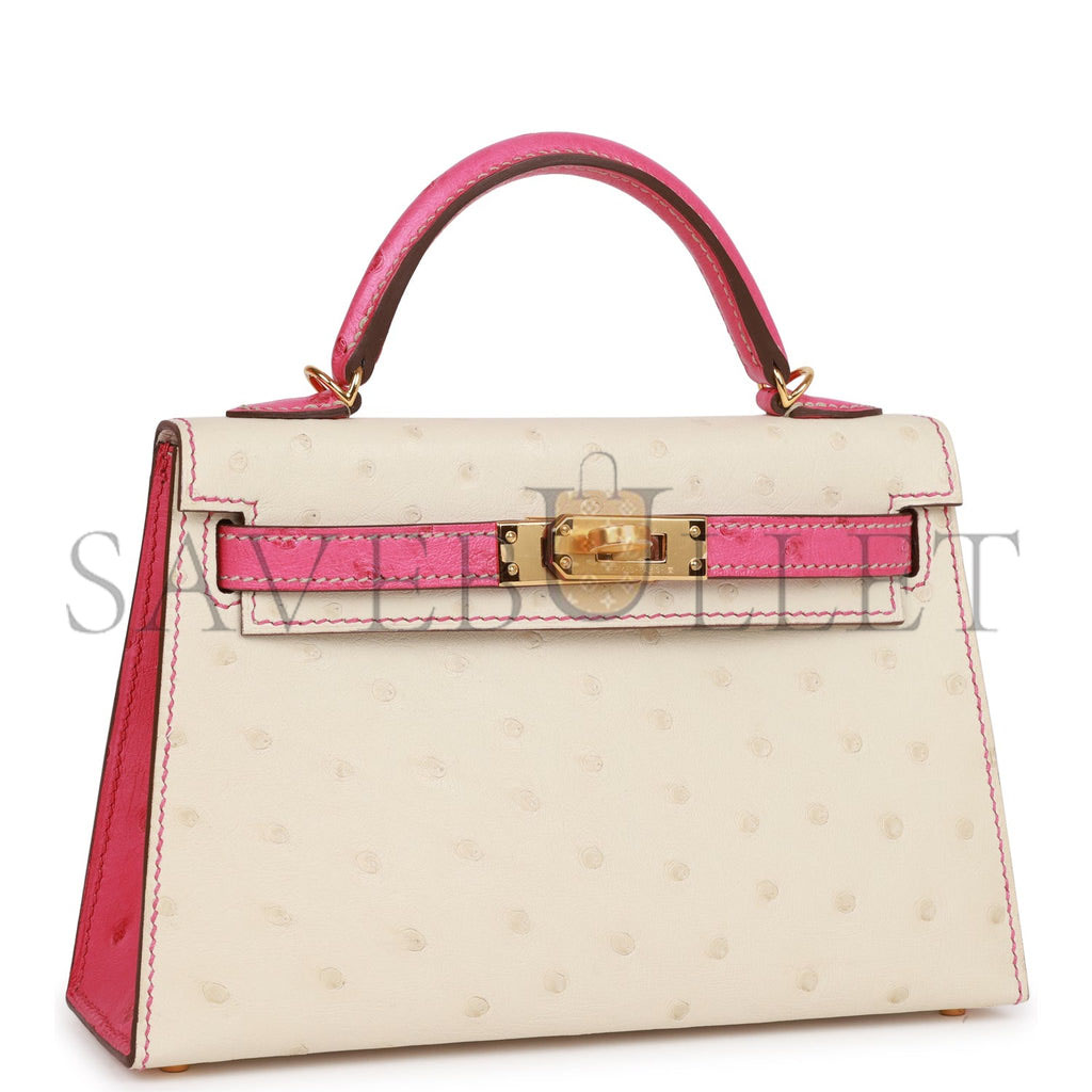 HERMES SPECIAL ORDER (HSS) KELLY MINI SELLIER 20 BETON AND ROSE TYRIEN OSTRICH GOLD HARDWARE (19*12*5.5cm)