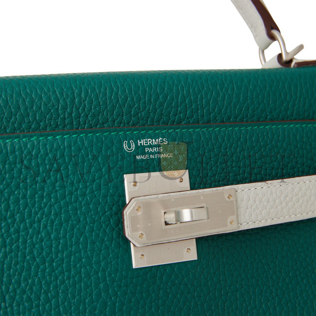 HERMES SPECIAL ORDER (HSS) KELLY RETOURNE 28 MALACHITE AND GRIS PERLE CLEMENCE BRUSHED PALLADIUM HARDWARE (28*22*10cm)